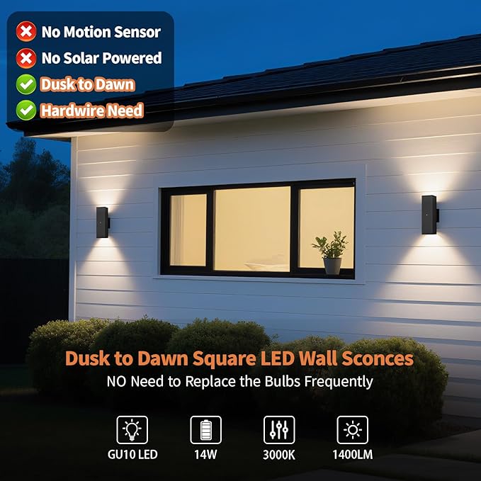Dusk to Dawn Outdoor Lighting, LED Square Up and Down Outdoor Sconce Lights, Matte Black Exterior Lighting Fixtures with 7W LED Bulbs, Front Porch Lights for House, Garage, Patio, Doorway, 2 Pack