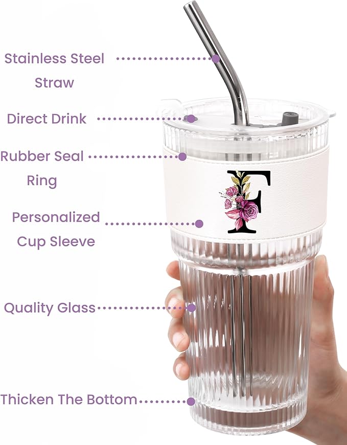 MNZZ Monogram Glass Cup with Lid Straw Ribbed Ice Tea Coffee Matcha Moving Away Leaving Goodbye Latte Clear Tumbler Farewell Going Women Coworker Teacher Friends Boss Neighbors Basic Training Gifts F
