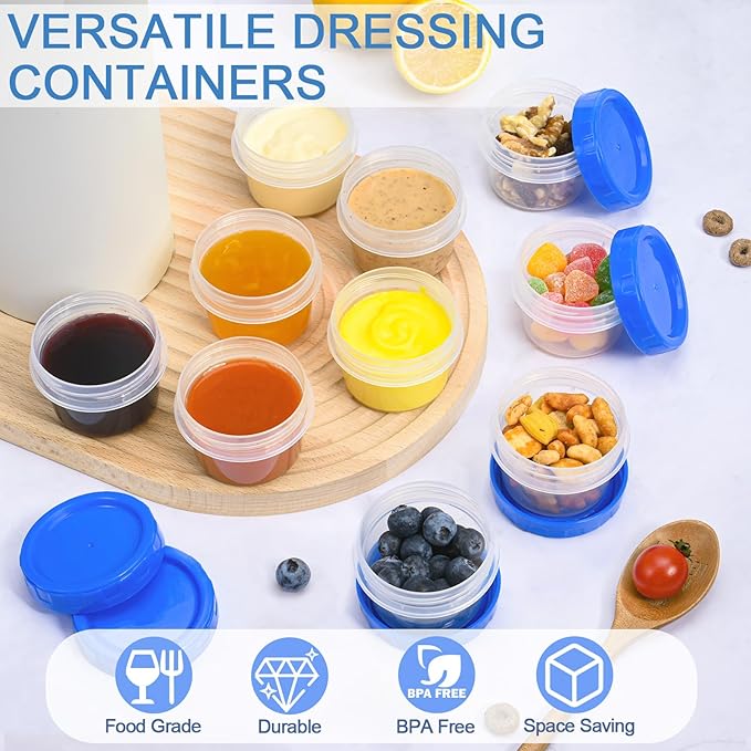 24 Pcs 2 oz Salad Dressing Container To Go Small Sauce Containers with Lids, Reusable Condiment Cups for Lunch Box, Airtight Freezer Storage Containers, Microwave & Dishwasher Safe