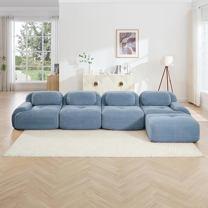 152" Modern Corduroy Cloud Sofa with Ottoman, L Shaped Boneless Modular Large Sectional Couches for Living Room, Blue 4 Seater Compressed Memory Foam Couch, Extra Deep Seat, No Assembly