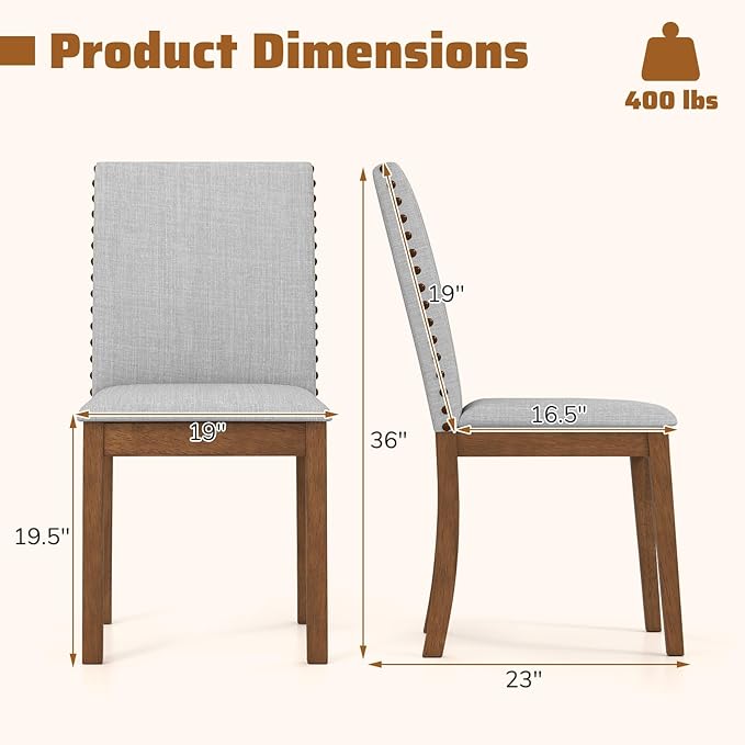 Giantex Upholstered Dining Chairs Set of 2, Kitchen Chair w/Nailhead Trim, Rubber Wood Legs, Padded Seat, Mid Century Armless Side Chair, Comfy Accent Parson Chairs for Restaurant, Living Room