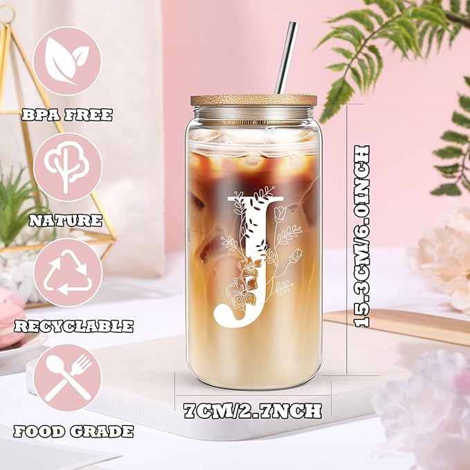 Unique Initial Glass Cup with Lids and Straws, Monogrammed Gifts Box Included Makeup Bag, Christmas Birthday Gifts for Women Mom Sister Grandma, J