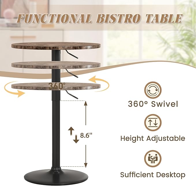 Shahoo Round Bar Table, Adjustable Height and 360° Swivel Bistro Pub Table, Cooktail Table for Bar, Bistro, Dining Room, Faux Marble