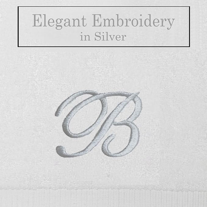White Monogrammed Hand Towels for Bathroom - Luxury Hotel Quality Personalized Initial Embroidered Towel for Powder Room, Spa - GOTS Organic Certified - Pack of 2 Silver, Letter B