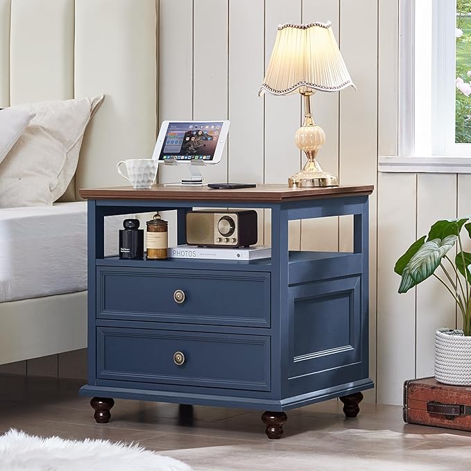 24" Wide Farmhouse Nightstand with Charging Station Set of 2, 37" Tall Rustic Chests of Drawers w/ 4 Solid Wood Feet, Farmhouse Furniture Series for Living Room,Bedroom,DarkBlue