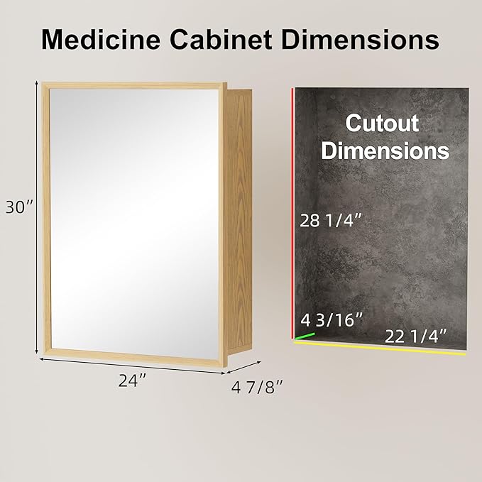 24x30 Inch Wood Medicine Cabinet with Mirror, Surface or Recessed Mounted Bathroom Cabinets with Adjustable Shelves, Soft-Close Hinges, Wall Mounted Cabinet for Storage, Oak-Grain
