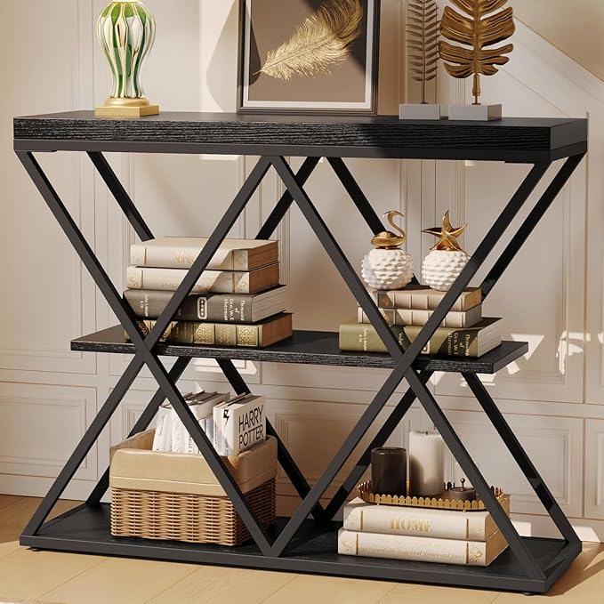 Garvee 3-Tier Entryway Table, Industrial Console Sofa Table with Storage, Accent Table with Open Shelves, X-Shaped Metal Frame, Foyer Table for Entryway, Hallway, Black