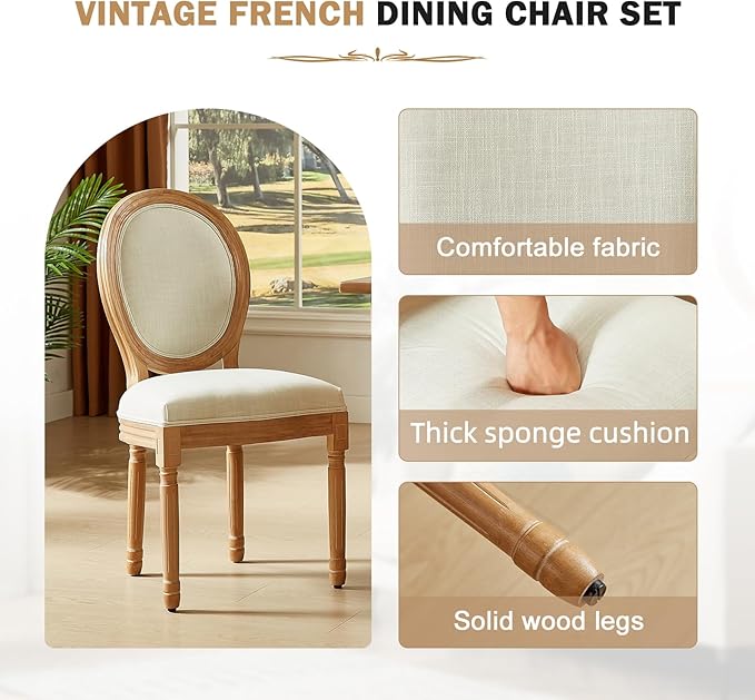 Nrizc French Dining Chairs Set of 6, French Country Dining Chair, Vintage Farmhouse Dining Chairs with Round Back, Solid Wood Beige Fabric Dining Room Chairs, for Kitchen, Bedroom, Dining Room
