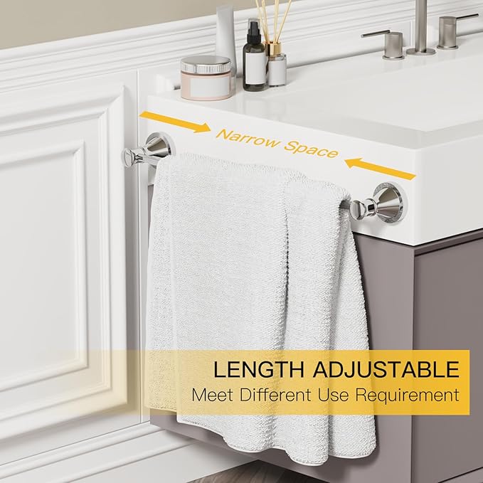 BESy Adjustable Bronze 16 to 28 Inch Bath Towel Bar Rack for Bathroom Towel Holder, Wall Mounted Towel Bar Rod Hanger Bathroom Hardware Accessories Hotel Style, Stainless Steel, Polished Chrome