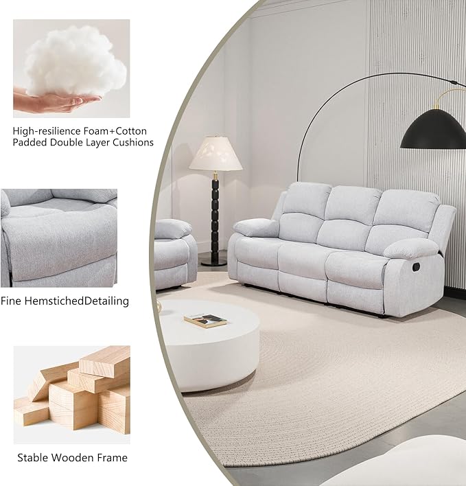 Manual Recliner Sofa Set,Microfiber Reclining Couch Set,Modern Living Room Furniture Set,Reclining Sofa Couch Chair for Living Room Home Office(Grey/White,3 Pieces Set)