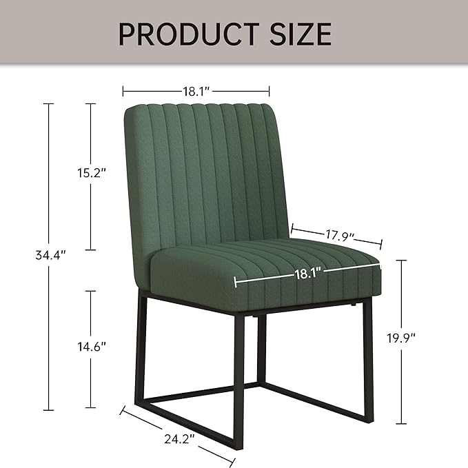 VKNOW Upholstered Dining Chairs, Modern Dining Room Chairs with Stripe, Linen Kitchen Chair Dinner Chair with Black Metal Base for Kitchen Office, Green