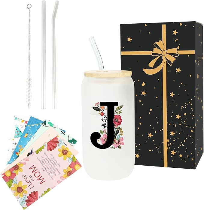 Monogrammed Glass Drinking Cup With Lid Straw Personalized Customized Post Cards Women Her Sister Mom Girlfriend Aunt Friend Friendship Grandma Bestie Wife Daughter Law Lady Happy Birthday Gifts,J