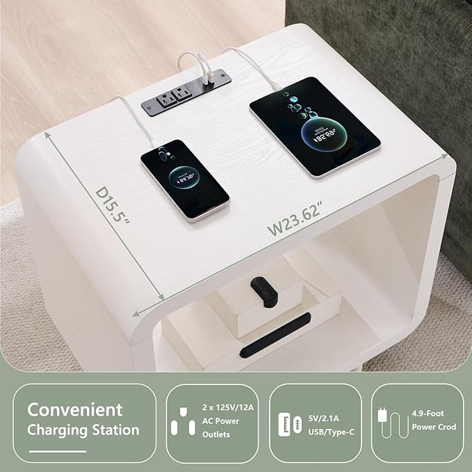 23.6" Modern End Table, 2 Tier Side Table with Charging Station, Simple Bedside Table with Open Storage Shelf, Outlet, Wooden Nightstand for Bedroom, Living Room, Study, Easy Assembly, White