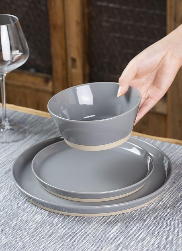 Famiware Saturn Dinnerware Set with Pasta Bowl, 16 Pieces Dish Set, Plates and Double Bowls Sets for 4, Chip and Scratch Resistant, Microwave and Dishwasher Safe Tableware, Dark Gray