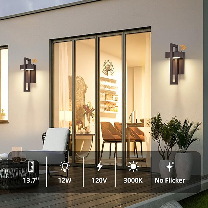 tewei LED Outdoor Wall Sconce Dusk to Dawn Outdoor Lighting, Modern Exterior Lighting Fixtures, Brown LED Front Porch Lights Outside Wall Mount Lights for House, Hallway, Warm White 3000K, 2 Pack