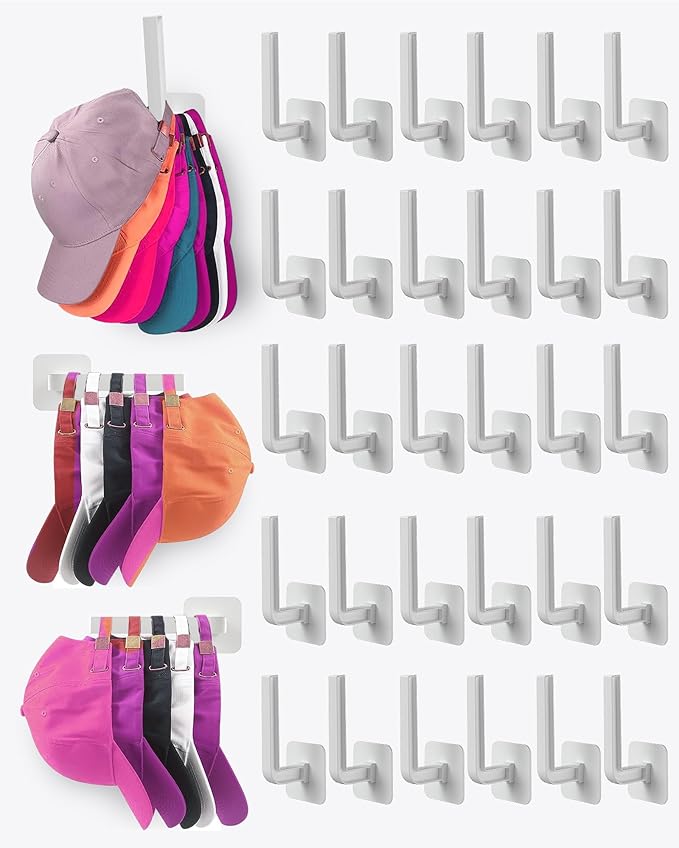 Hat Rack for Hat Storage (30-Pack), Multi-Purpose Hat Organizer, Strong Adhesive Hat Hooks for Wall Hat Organizer for Baseball Caps, Two Mounting Options Hat Hook, White