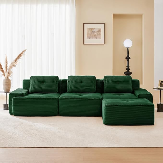 115" Modern Corduroy Cloud Sofa with Ottoman, L Shaped Boneless Modular Large Sectional Couches for Living Room, Green 3 Seater Compressed Memory Foam Couch, Extra Deep Seat, No Assembly