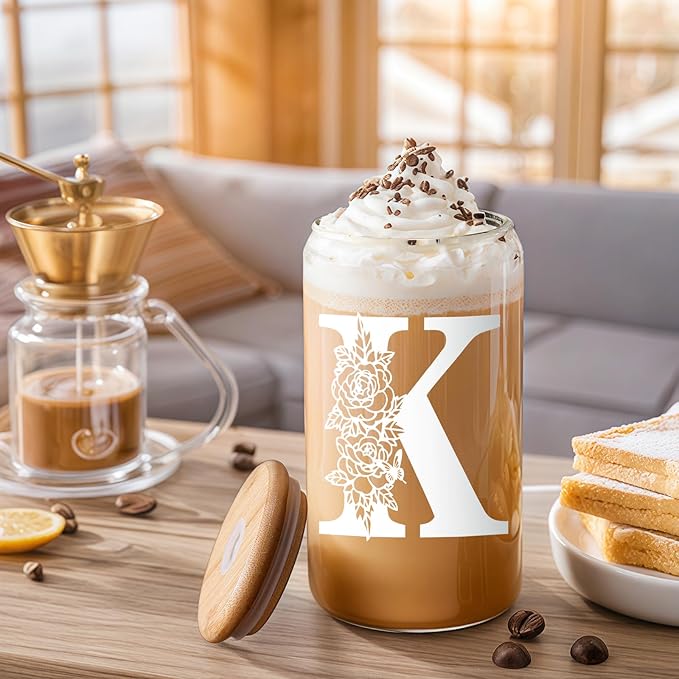 Gifts for Women Birthday Christmas Decorations：Initial Glass Cup as Office Graduation Memorial Personalized Gifts - for Mom Teens Wife Girlfriend Sister Daughter Gifts - K Aesthetic Cup