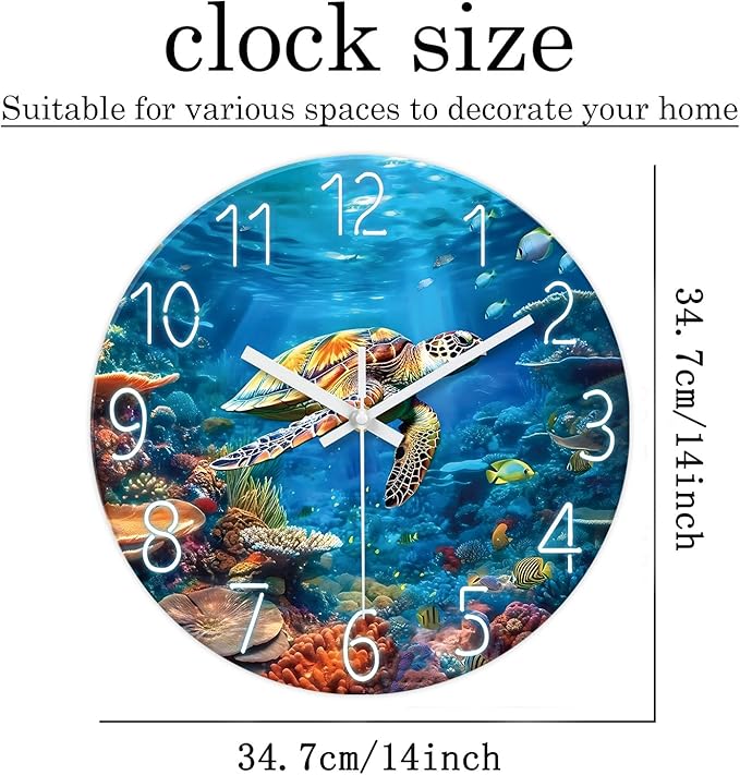 XNM Sea Turtle Glass Battery Powered Clock 14 Inch Ocean Blue Analog Clock for Bathroom Round Silent Wall Clock Non Ticking