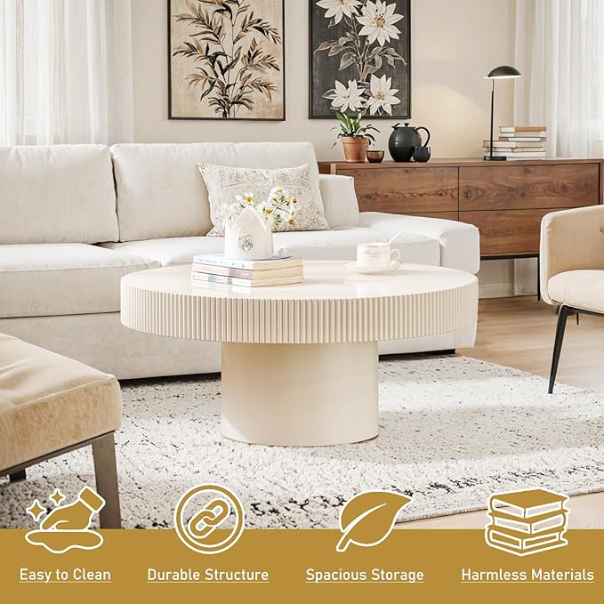 Round Drum Coffee Table 30.71" Handcrafted Fluted Drum Coffee Table Mid Century Accent Tables Modern Luxury Circle Center Table Vintage Farmhouse Center Table for Living Room (White Thin)