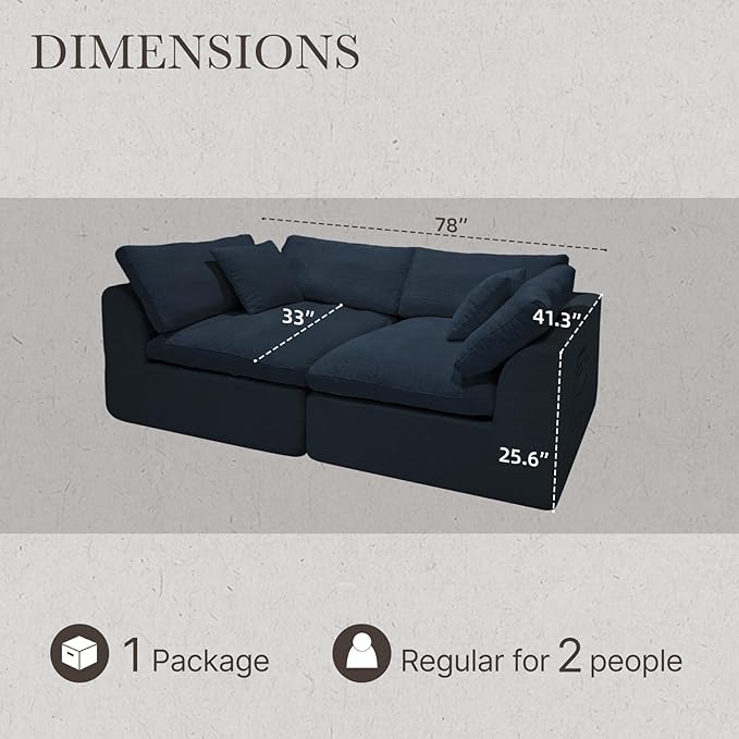Cloud Modular Sectional Sofa Couch,78” 2 Seats Loveseat Sofa with Wide Armrest, Modern High-Density Sponge Compressed Sofa Couch for Living Room, Bedroom,No Assembly Needed (Blue, 2 Seats)