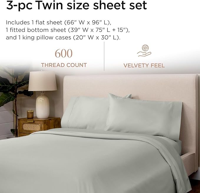 Threadmill 100% Cotton Sheets for Twin Size Bed - 600 Thread Count Twin Bed Sheets Set with 15” Deep Pocket - Sateen Weave 3-Piece Bedding Set with Cooling Effect, Light Grey