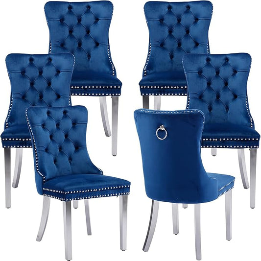 Luxury Upholstered Dining Chairs Set of 6, Blue Kitchen Chair with Silver Metal Legs, Velvet Tufted Back Dining Chair, Sillas de Comedor, Modern Kitchen & Dining Room Chairs (Blue, 6 Pcs)