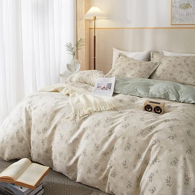 LifeTB Boho Floral Duvet Cover Full Cotton Aesthetic Floral Bedding Sets Full Vintage Garden Floral Comforter Cover Beige Sage Green Floral Botanical Duvet Cover with Zipper Closure 4 Ties