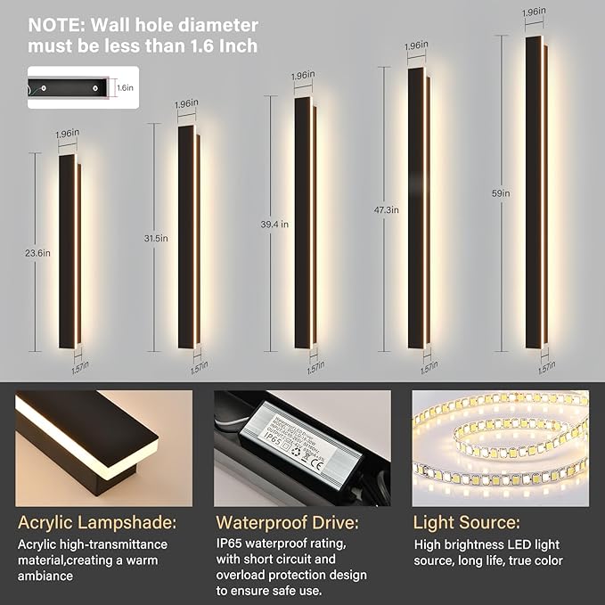 Modern Outdoor Wall Light, 47.3Inch Black LED Dimmable IP65 Waterproof with Remote Outdoor Linear Wall Sconces Exterior Lighting Fixture Porch Wall Light for House, Front Door, Garage