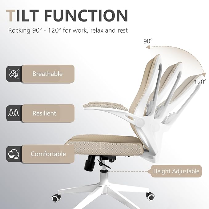 Office Chair, Ergonomic Comfort Home Desk Chair, Mid Back Gaming Chair with Wheels, Adjustable Height, Lumbar Support, Flip-up Armrest with 350LBS Capacity
