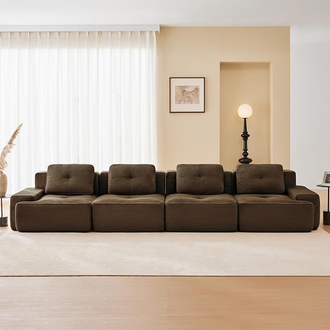 150" Modern Corduroy Cloud Sofa, Boneless Modular Large Sectional Couches for Living Room, Brown 4 Seater Compressed Memory Foam Couch, Extra Deep Seat, No Assembly