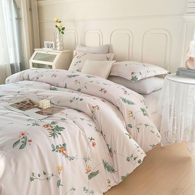 EAVD Garden Floral Comforter Set Queen Vintage Chic Botanical Floral Leaves Patten Aesthetic Comforter Soft Washed Microfiber Bedding Comforter Set 1 Comforter and 2 Pillowcases