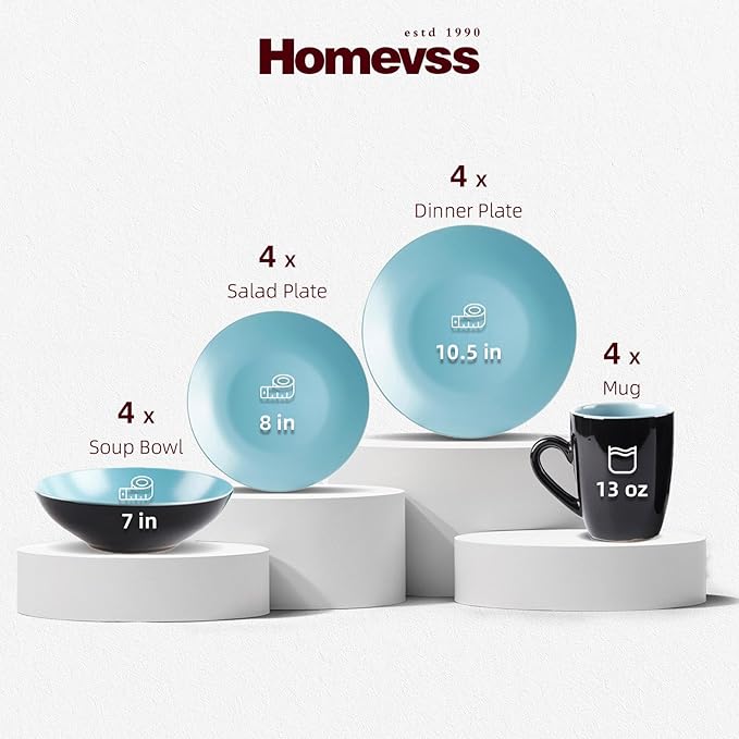 Stoneware Two-Tone Colors Life 16pc Dinner Set， Outside Shiny Black + Inside Matte Glaze Turquoise