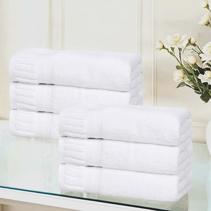 Superior Venice Zero Twist Cotton Medium Weight Towels, for Kitchen, Bathroom, Shower, Spa, Plush Towels, Bath Essentials, Ribbed Textured Border, Absorbent Hand Towels, Set of 6, White