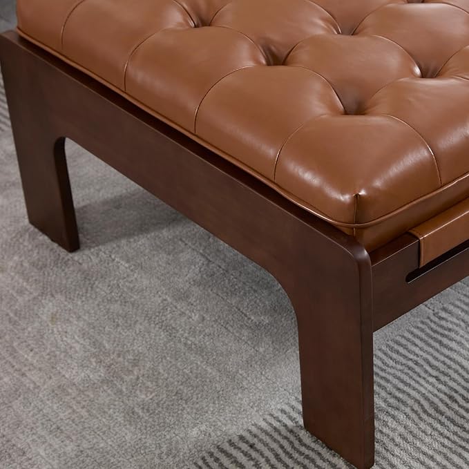 Kmax Coffee Table, 30 Inch Leather Ottoman Coffee Table Square Upholstered Dark Wood Center Table Tufted Tea Table, Oversized Footrest Stool for Living Room - PU, Brown