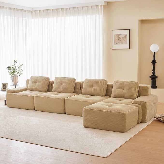 150" Modern Corduroy Cloud Sofa with Ottoman, L Shaped Boneless Modular Large Sectional Couches for Living Room, Camel 4 Seater Compressed Memory Foam Couch, Extra Deep Seat, No Assembly