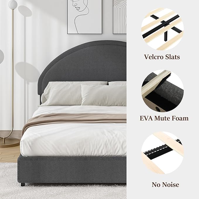 Queen Bed Frame, Boucle Upholstered Platform Bed Frame with Headboard, Soft Platform Bed with Round Conner, No Box Spring Required, Easy Assembly, Dark Grey