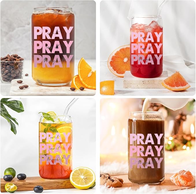 Pray It Pray Over It 16oz Prayer Glass Cup with Lid, Straw & Inspirational Quote for Christian Women & Cancer Care Gifts