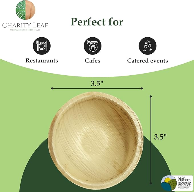 Charity Leaf Disposable Palm Leaf 3.5" Round Mini Bowl (100 pcs) Dipping Bowls | Bamboo Like| All Natural and Biodegradable | Charcuterie Boards, BBQs, and Parties
