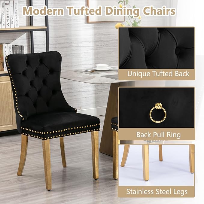 Goujxcy 7 Piece Glass Dining Table Set Modern Glass Dining Table Set for 6, 61" Rectangular Gold Kitchen Table and 6 Velvet Upholstered Chairs, Gold Table & Black Chair