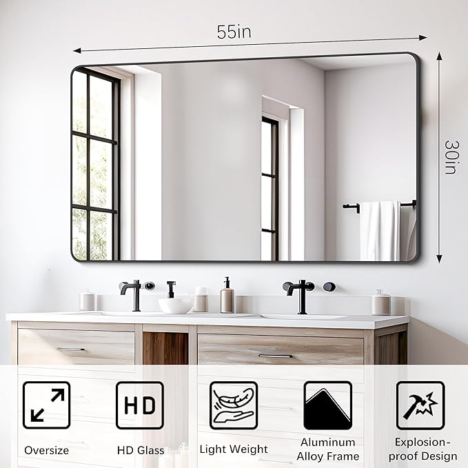 FORBATH Bathroom Mirror 30" x 55", Large Rectangular Wall Mirror with Black Aluminum Frame Rounded Corner, Wall Mounted Mirror for Bathroom Bedroom Entryway Living Room