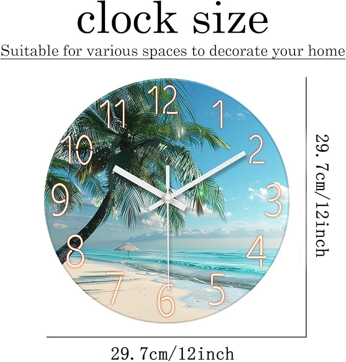 XFM Beach Wall Clock Silent Non-Ticking Battery Operated Clocks 12 Inch Blue Ocean Tropical Palm Tree Wall Clock Decorative for Living Room Kitchen Bedroom Office