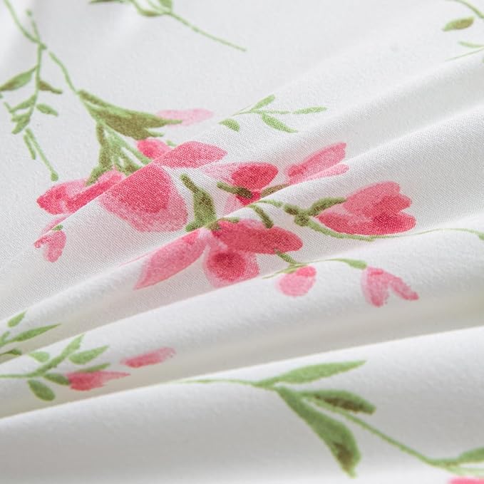 EAVD Pink Floral Comforter Set Queen Soft Microfiber Chic Shabby Garden Pink Floral Bedding Queen Comforter Set with 2 Pillowcases Fresh Botanical Comforter Set for All-Season