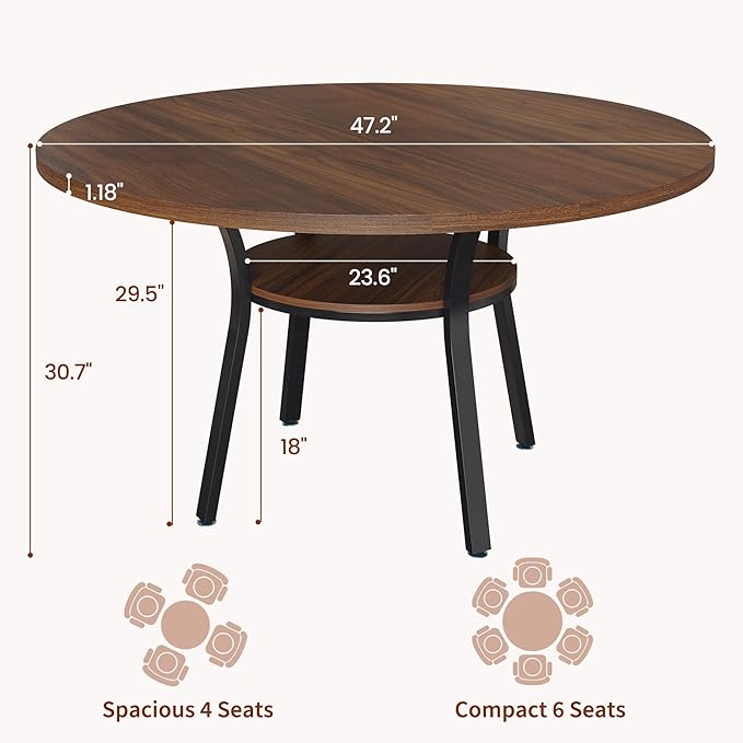 Garvee 47'' Round Dining Table for 4-6 People, Farmhouse Kitchen Dining Table, Round Dinner Table with Storage Shelf for Kitchen, Living Room (Table Only), Walnut
