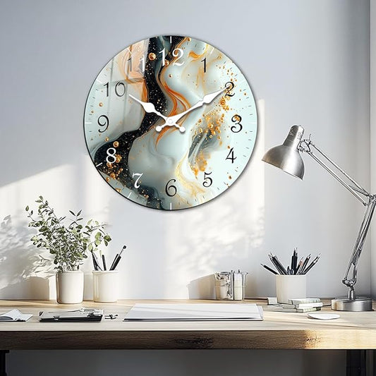 Black Wihte Wall Clock 10 Inch Round Silent Non-Ticking Quartz Battery Operated Wall Clocks Marble Pattern Decor Arabic Numerial Clock for Kitchen, Bedroom