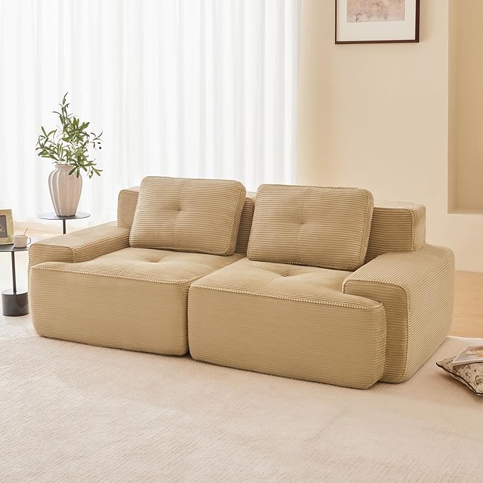 80" Modern Corduroy Boneless Love Seat Couches, 2 Seater Large Sectional Couches for Living Room, Camel Cloud Modular Sectional Sofa, Memory Foam, Extra Deep Loveseat, No Assembly