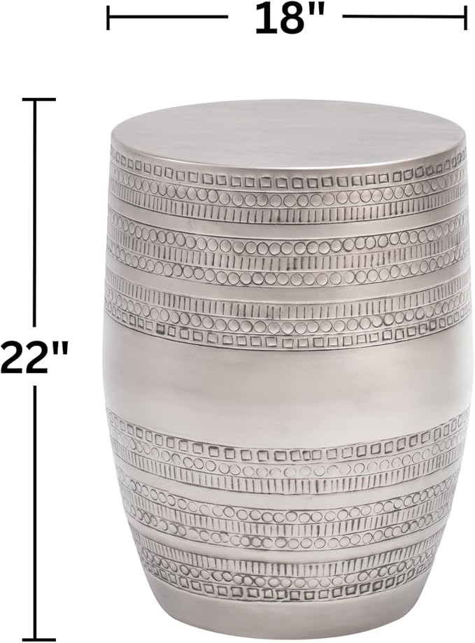 Modern Round Aluminum Hammered Embossed Texturing Metal End Table, Hand-Stamped Iron, Boho Accent Side Table, Drum Shaped, for The Living Room and Bedroom, Silver
