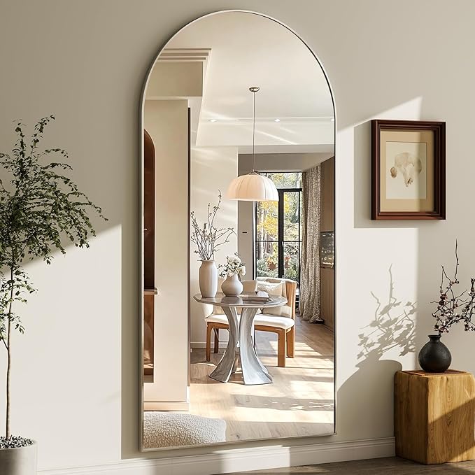 GLSLAND-30x71 inch Wall Mount Arched Full Length Mirror-Aluminum Alloy Frame High Definition-Full Body Mirror for Bedroom or Living Room,Silver