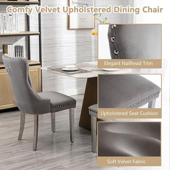 Goujxcy 5 Piece Round Glass Dining Table Set for 4, 36" Round Dining Table & Chair Set Modern Circle Glass Kitchen Table and 4 Velvet Upholstered Chairs for Kitchen Dining (Silver Table & Grey Chair)