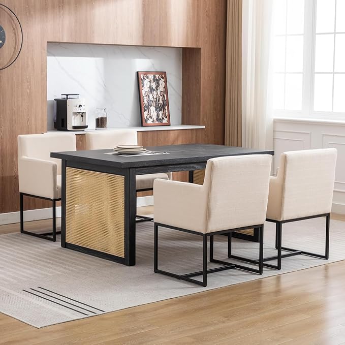 Linen Upholstered Dining Chairs with Arms Set of 2 Mid Century Modern Accent Chairs Armchairs with Black Metal Frame, Modern Kitchen & Dining Room Chairs, Cream